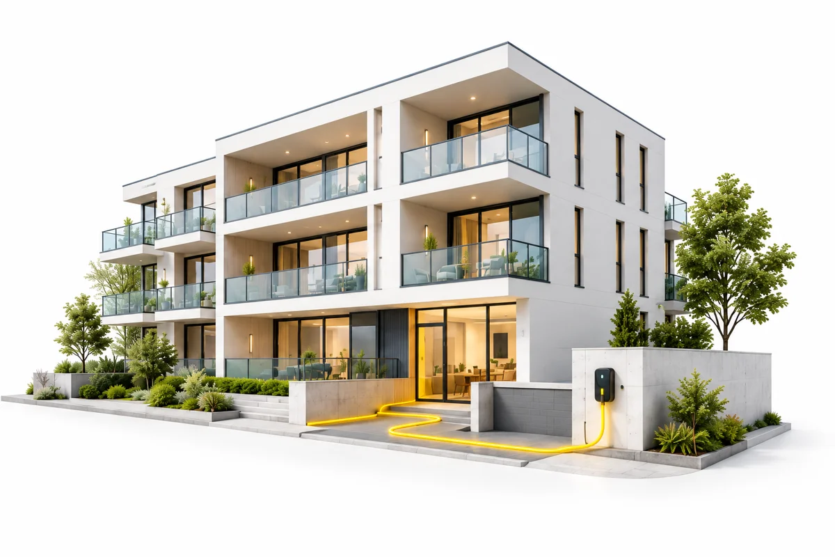 AI-illustratie van een appartementsgebouw met elektrische voorzieningen